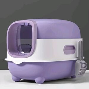Extra Large Covered Cat Litter Box with Flip Lid Purple And White